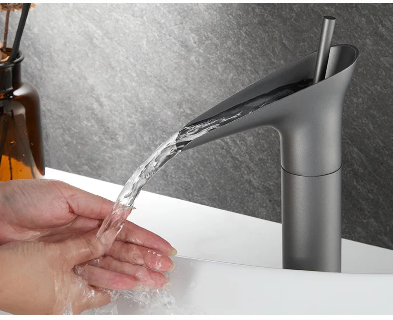 Bathroom Basin Faucet Sink Mixer Gun Grey Color Hot Cold Water Mixer Deak Mounted Waterfall Style Copper Sink Taps FR651