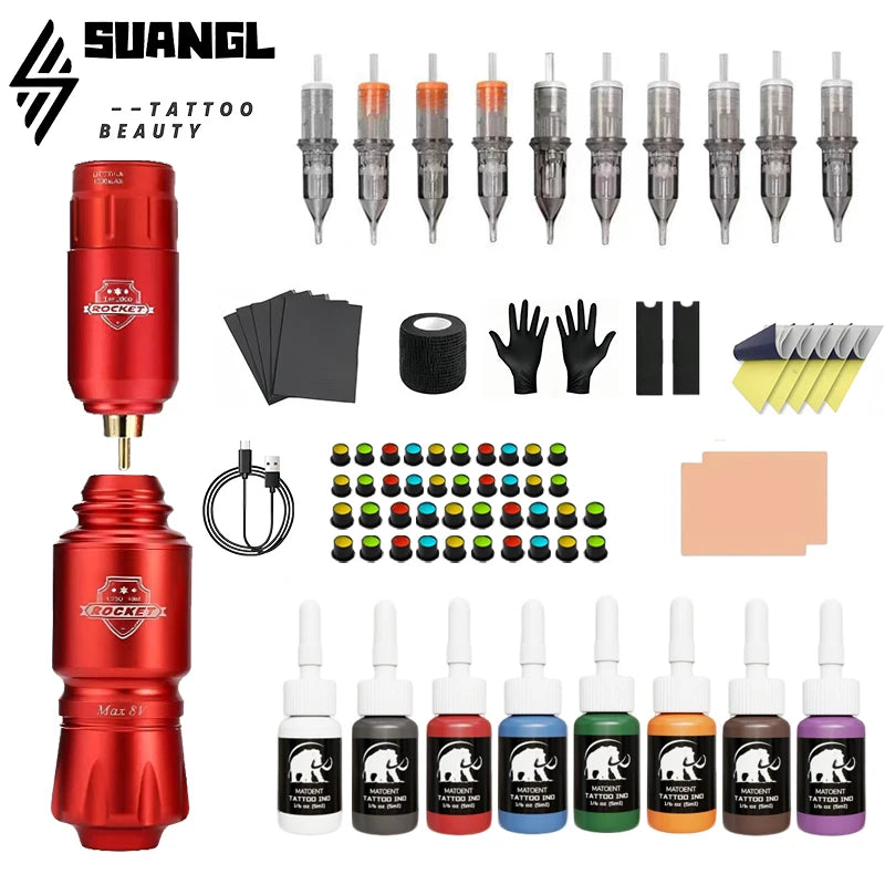 Wireless Tattoo Pen Kit Mini Rocket RCA Battery Rotary Gun with Tattoo Ink and Needles Complete Starter Set for Beginners