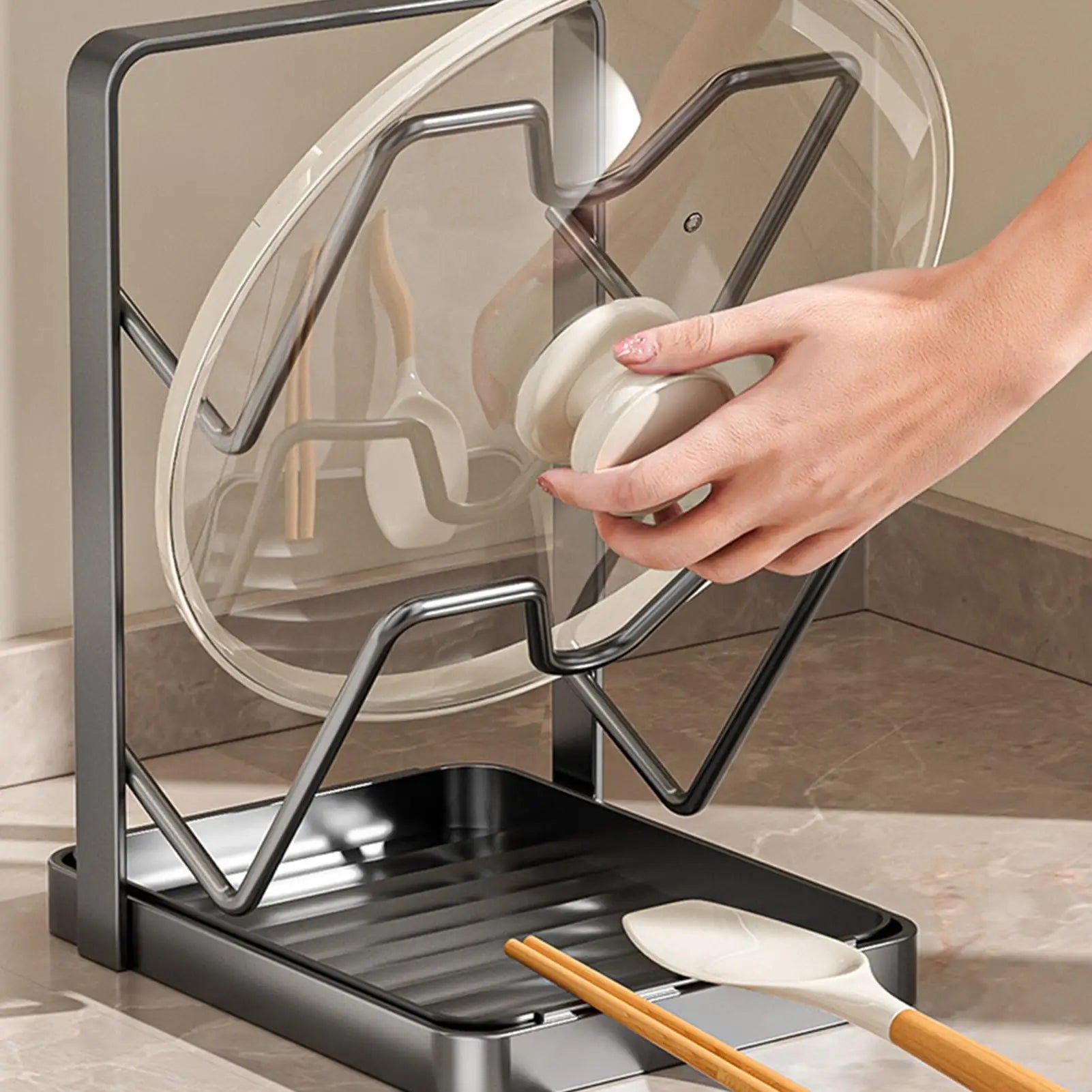 Kitchen Pot Lid Rack No Drill Pot Lid Organizer Kitchen Space Saving Countertop Organizer Rack with Drainage Tray  Storage Rack