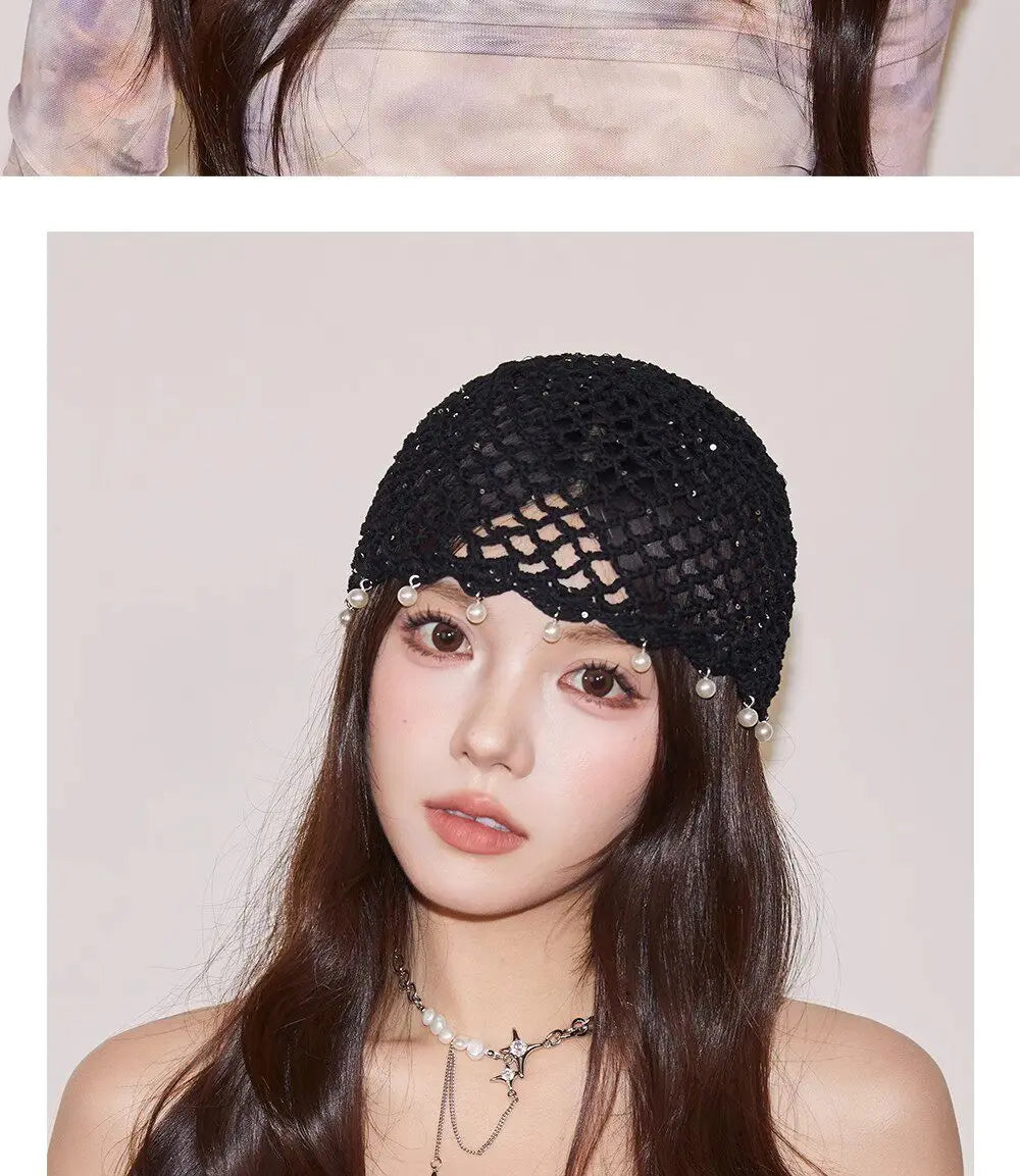 Fashion Hollowed Out Woven Pullover Hats Crochet Breathable Beret Cap Pearl Fringed Retro Beanies Cap for Women Summer Korean