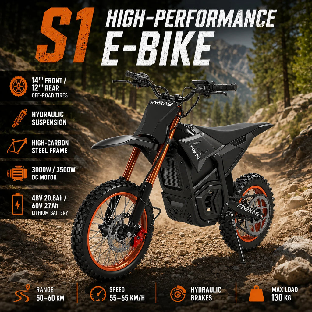 S1 E-Bike Off-Road Electric Bike with 14 Inch Front 12 Inch Rear Tires 3000W 3500W DC Motor 60V 27Ah Battery 130KG Max Load