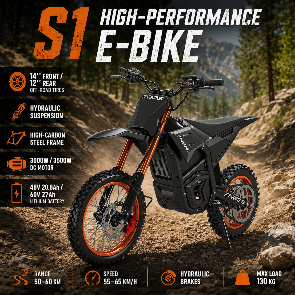 S1 E-Bike Off-Road Electric Bike with 14 Inch Front 12 Inch Rear Tires 3000W 3500W DC Motor 60V 27Ah Battery 130KG Max Load