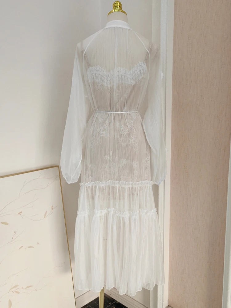 TESSCARA Women Elegant Appliques White Dress High Quality Long Luxury Wedding Cocktail Party Robe Vintage Designer Mesh Vestidos