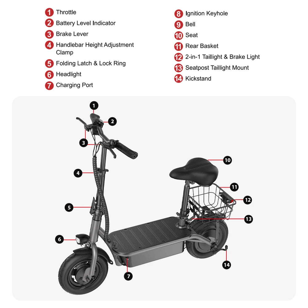 iScooter F2 Electric Scooter 500W Foldable Scooter 7.8Ah Electric Kick Scooter 30km Range 30km/h E-Scooter With Basket Daily