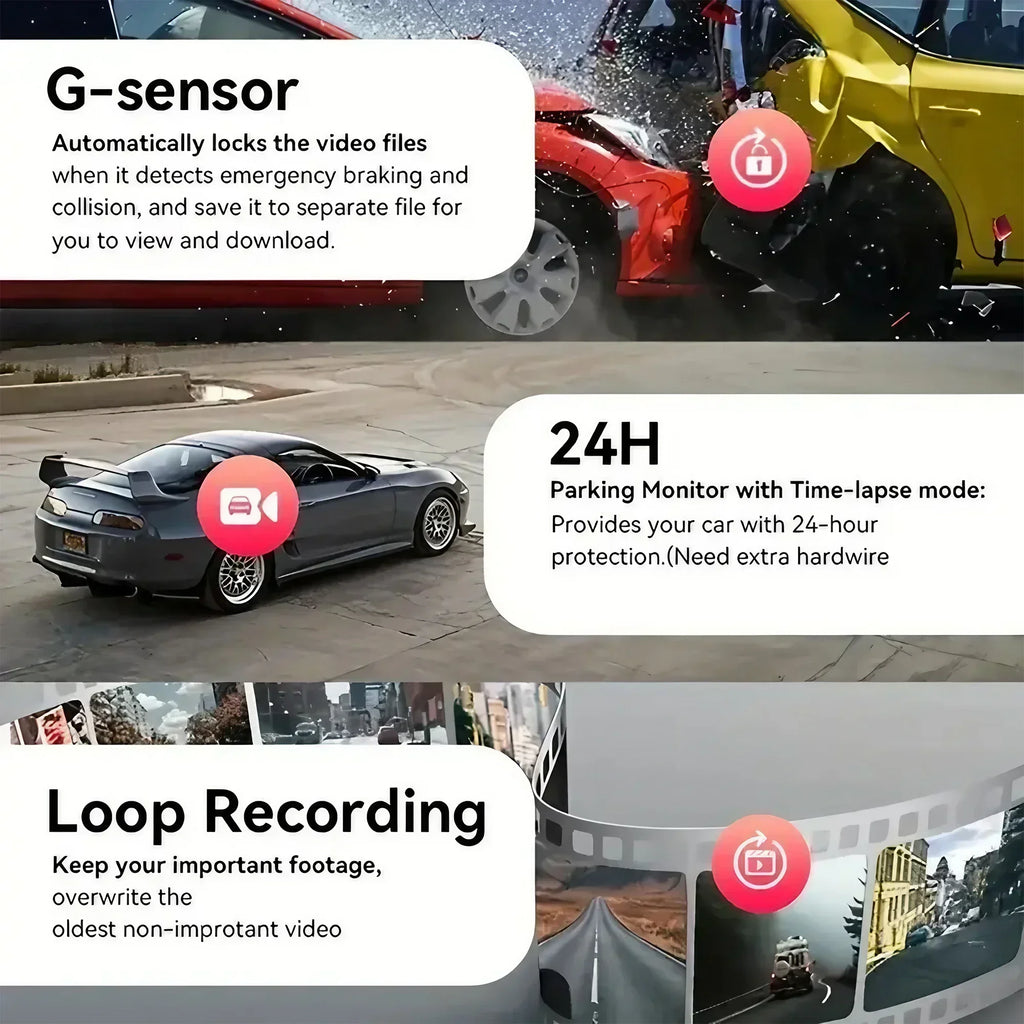 3Camera Car Recorder 1080P HD with Night Vision Parking Monitoring IPS Screen Front Rear Inside Dash Cam Support Laptop Computer