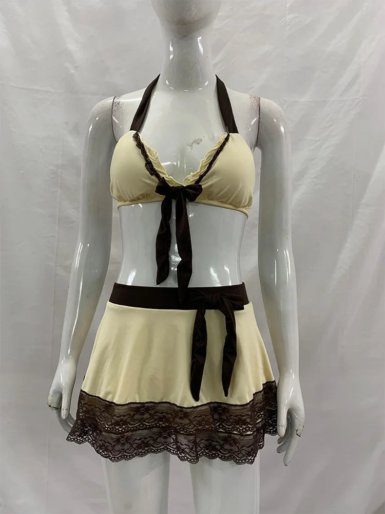 Summer Beige Lace Trim Bow Halter Skirted Bikini Set Beach Pool Vacation Cute Sweet Slim Y2K New Trendy Women's Swimsuit