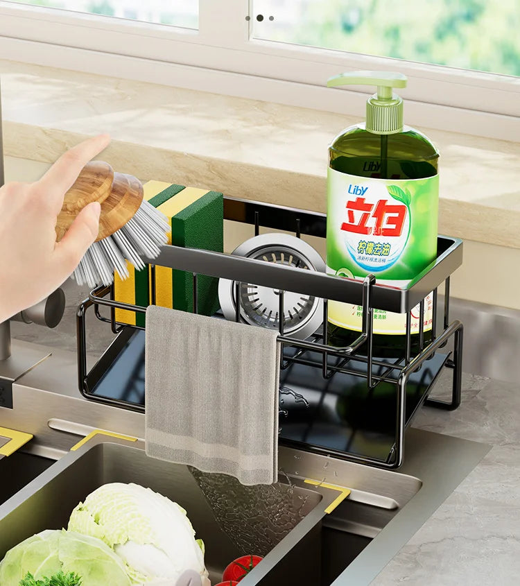 Kitchen Sink Drain Rack Organizer Stainless Steel Self Draining Sink Shelf Soap Sponge Holder Dishcloth Towel Rack Filter Basket