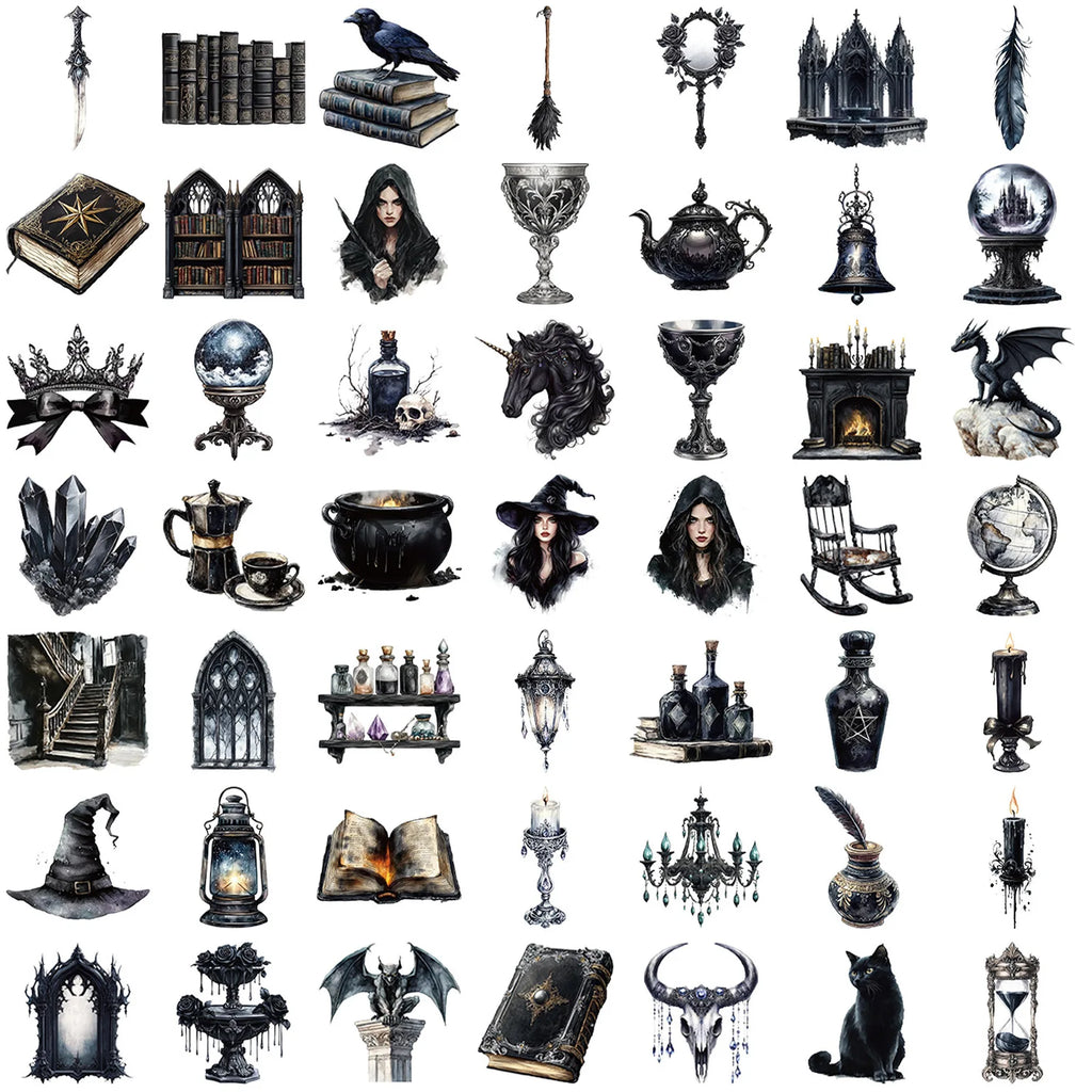 50Pcs Vintage Gothic Magic Stickers for Notebooks, Drinking Glasses, Guitars, Skateboards, Phones, Tablets