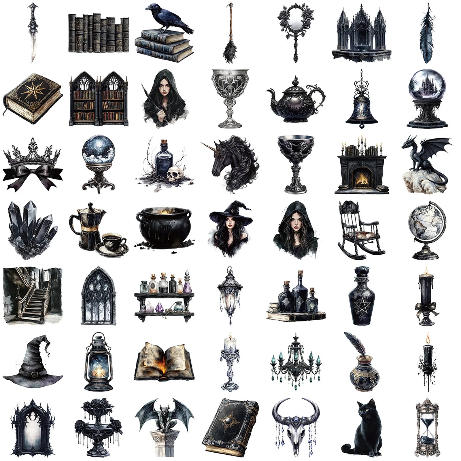 50Pcs Vintage Gothic Magic Stickers for Notebooks, Drinking Glasses, Guitars, Skateboards, Phones, Tablets