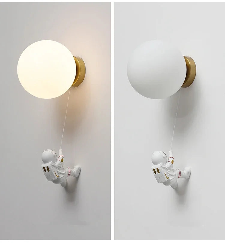 Modern Astronaut Wall Lamp Natural Alabaster Planet LED Sconce Kids Bedroom Astronaut Nursery Decor