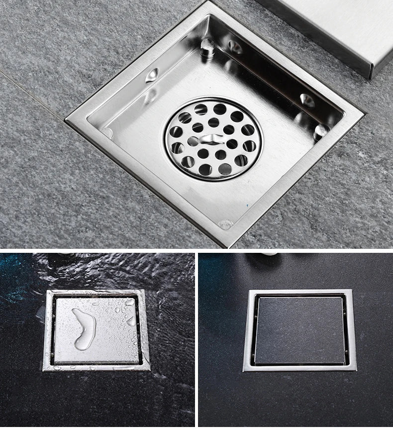 Square Shower Drain Tile Insert Anti Odor Stainless Steel Floor Drain Kit with Removable Grate Cover Hair Strainer Black Gold