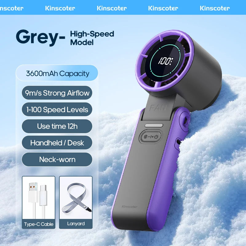 Portable High Speed Cooling Handheld Fan 3600mAh Rechargeable 100 Speed Adjustable Mini Foldable Air Cooling Turbo Fan & Lanyard