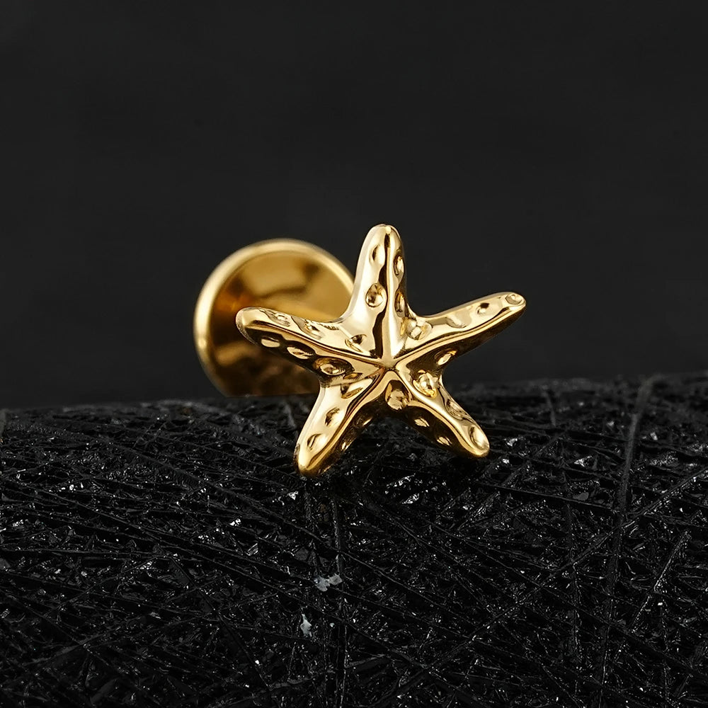 Right Grand ASTM F136 Titanium Tiny Starfish Cartilage Earring 16G Flat Back Labret Helix Stud Earlobe Piercing Summer Jewelry