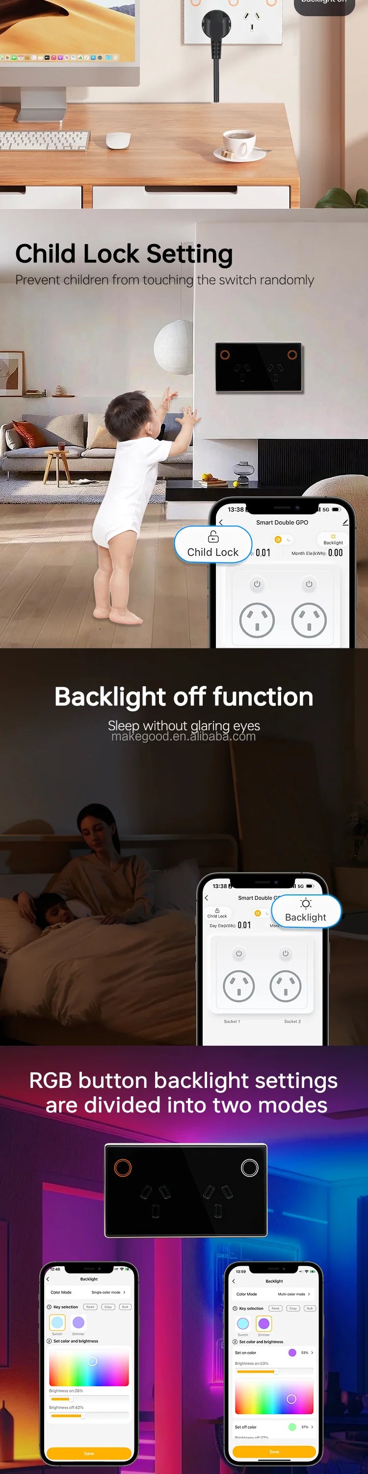 Customize Standard Wifi 2.4G 2400W Tempered Glass Panel Tuya App Smart Dual Power Point GPO Wall Socket