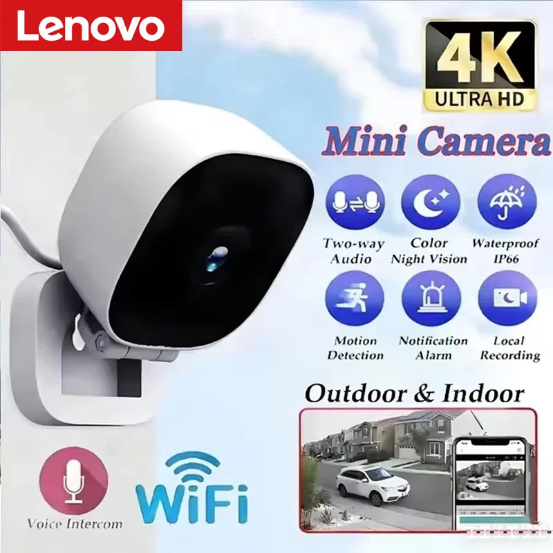 Lenovo HD 4K Mini Security Camera Ip65 Waterproof Full Color Night Vision Motion 2 Way Audio Wifi Monitor Indoor Outdoor