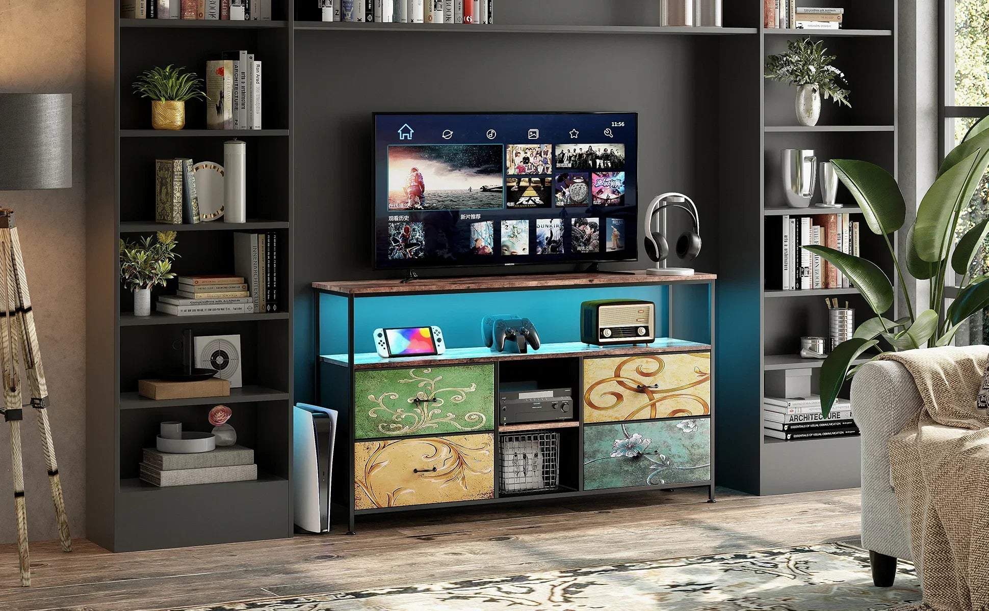 Rosahqnda TV stand with 4 drawers, TV cabinet, , adjustable shelves, TV table, TV cabinet living room furniture