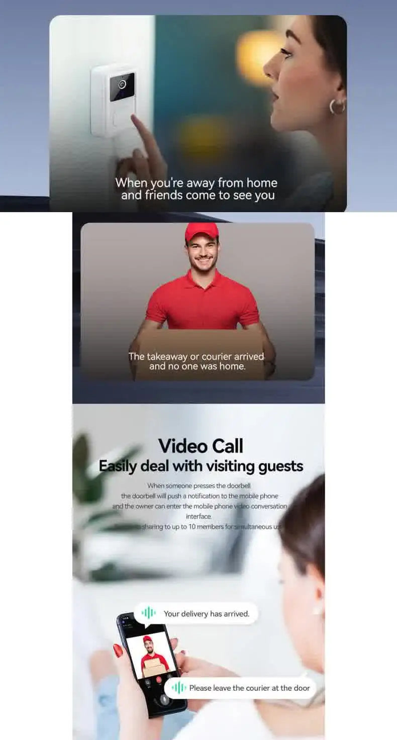 Smart Doorbell Camera Visual Security Doorbell Audio Video Intercom With Camera Wireless Self-Adhesive Night Vision App Control
