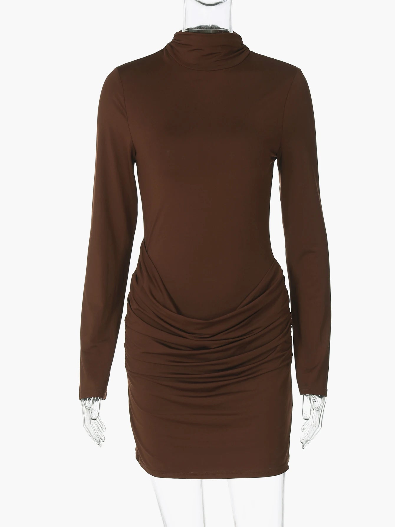 Hugcitar Women Elegant Turleneck Long Sleeve Ruched Sexy Bodycon Mini Dress Autumn Women Clothes Streetwear Party Festival