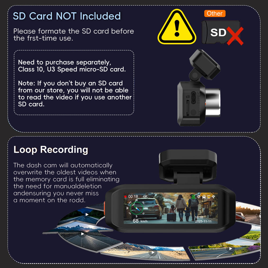 UHD 4K 3840*2160P Dash Cam ADAS WiFi GPS Front 4K Rear 2.5K DVR Video Recorder 24H Night Vision Dash Cam Car Camera Black Box