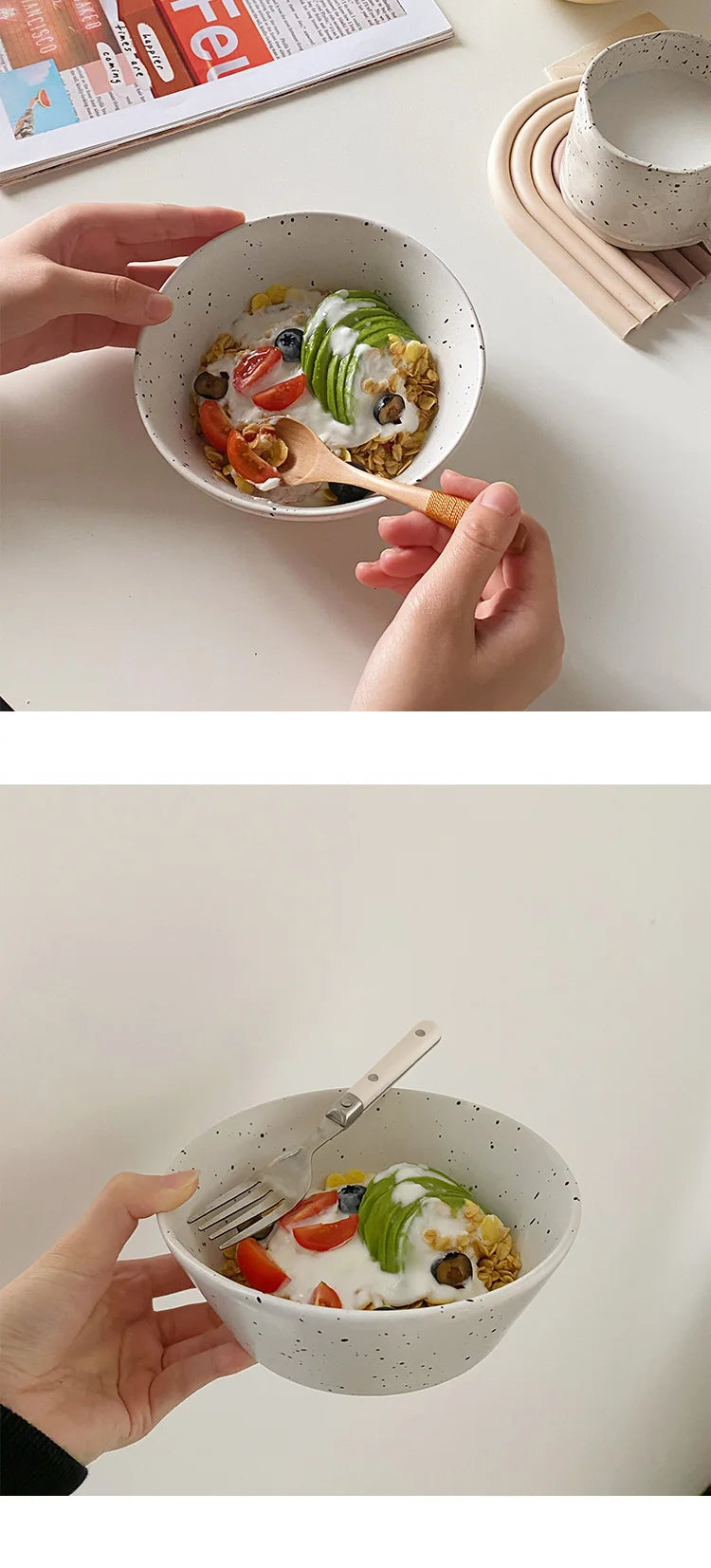 Retro Style White Ink-splashed Ceramic Bowl and Plate Western Food Steak Fruit Dessert Tray Salad Bowl Tableware Main Dish Plate