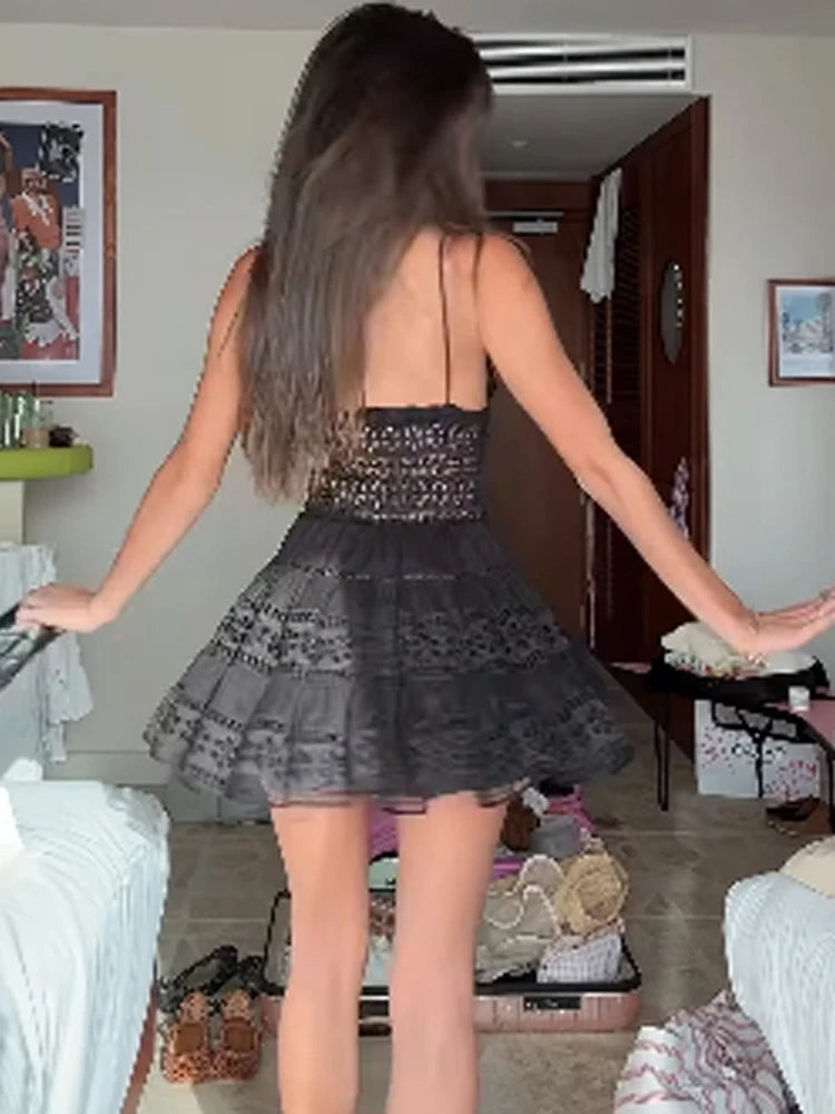 Black Hollowed Out Lace Cake Dress Slim Shoulder Straps Deep V-lace Corset Mini Skirt 2026 Summer Date Vacation Fashion Outfit
