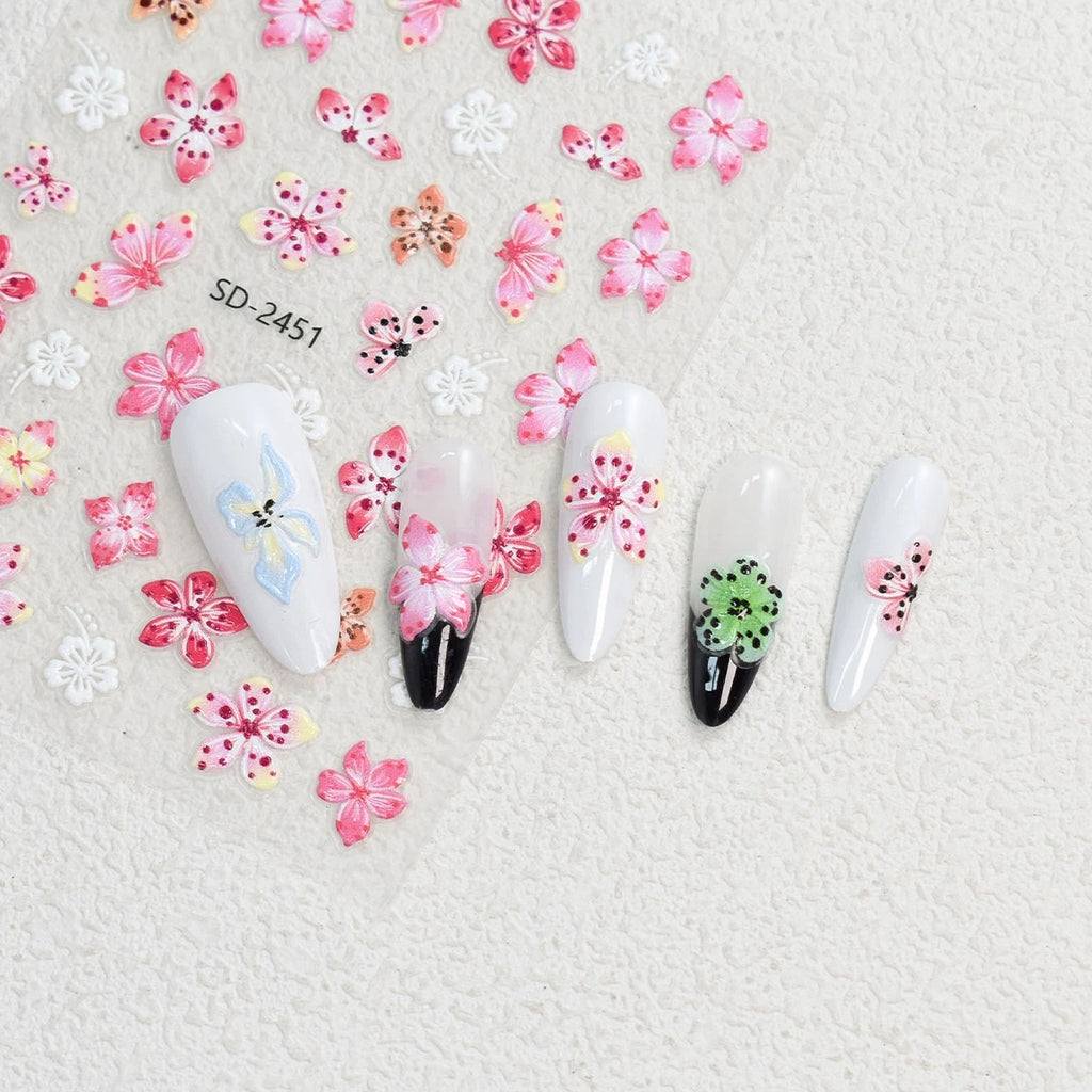 3 to 120 Sheets Tropical Flower Nail Stickers Hibiscus Butterfly Starfish Nail Decals 5D Embossed Self Adhesive Summer Nail Art