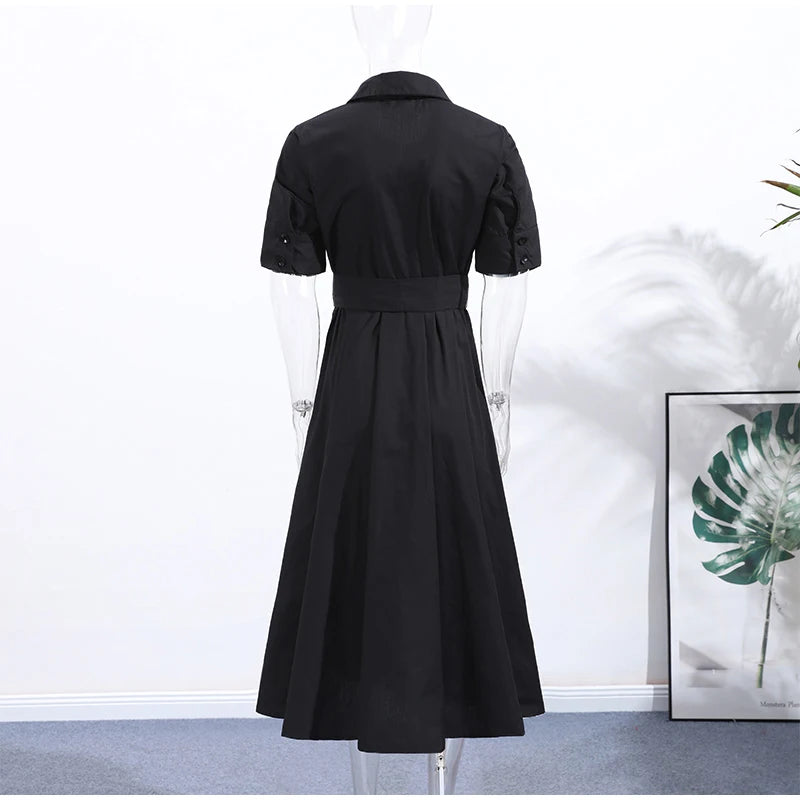 Elegant Belt Women Long Black Dress Full Sleeve Pleated Lapel Waist-Closed Female  A Line Dresses 2026 Spring Lady Robes New