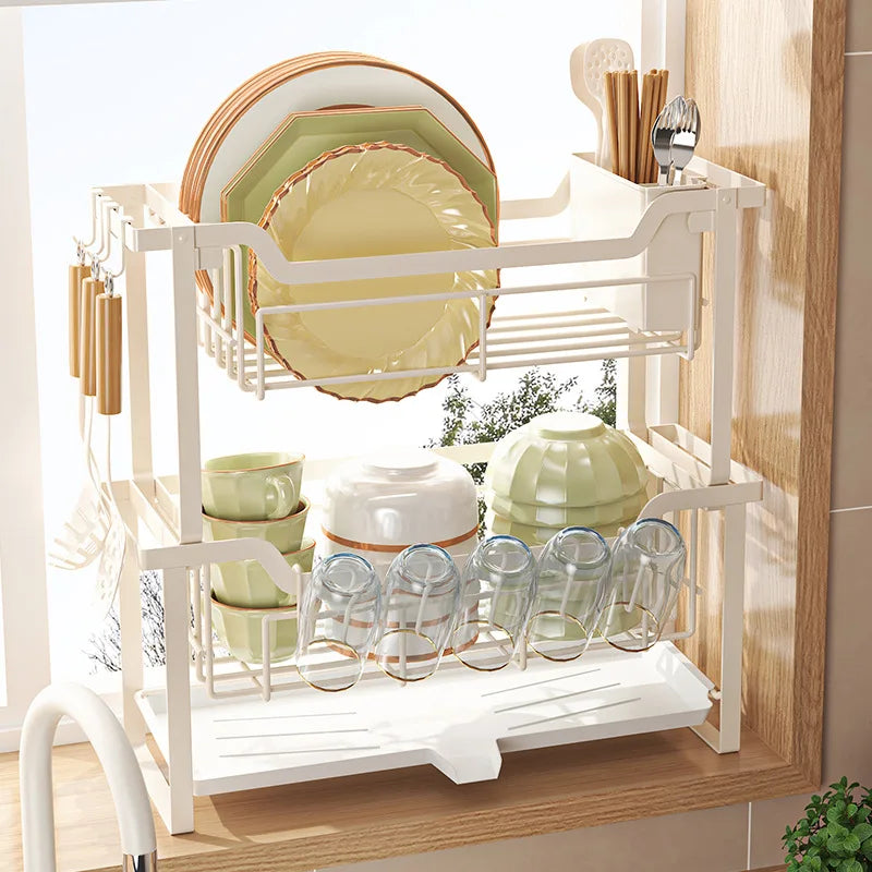Kitchen Rack Double Layer Dish Sink Storage Rack Drain Rack Multifunctional Household Bowls, Plates, Chopsticks and Cup Rack
