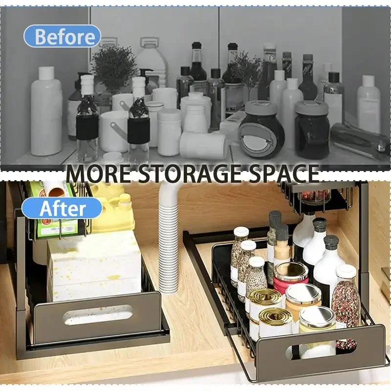 Under Sink Organizer Rack 2 Tier Under Sliding Cabinet Basket Organizer Drawer , Multi-Purpose Under Sink Storage For Kitchen