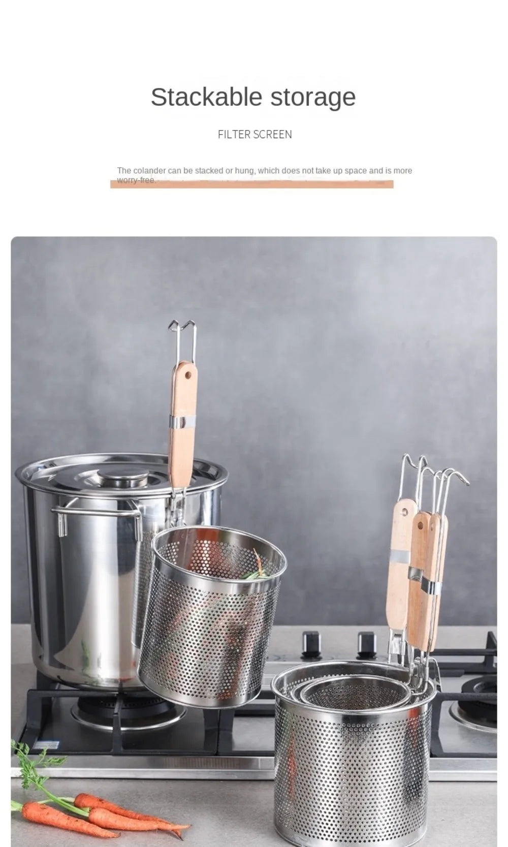 Durable Thickened Stainless Steel Funnel Wooden Handle Multifunctional Pasta Basket Strainer Kitchen Gadgets Deep Fry Basket