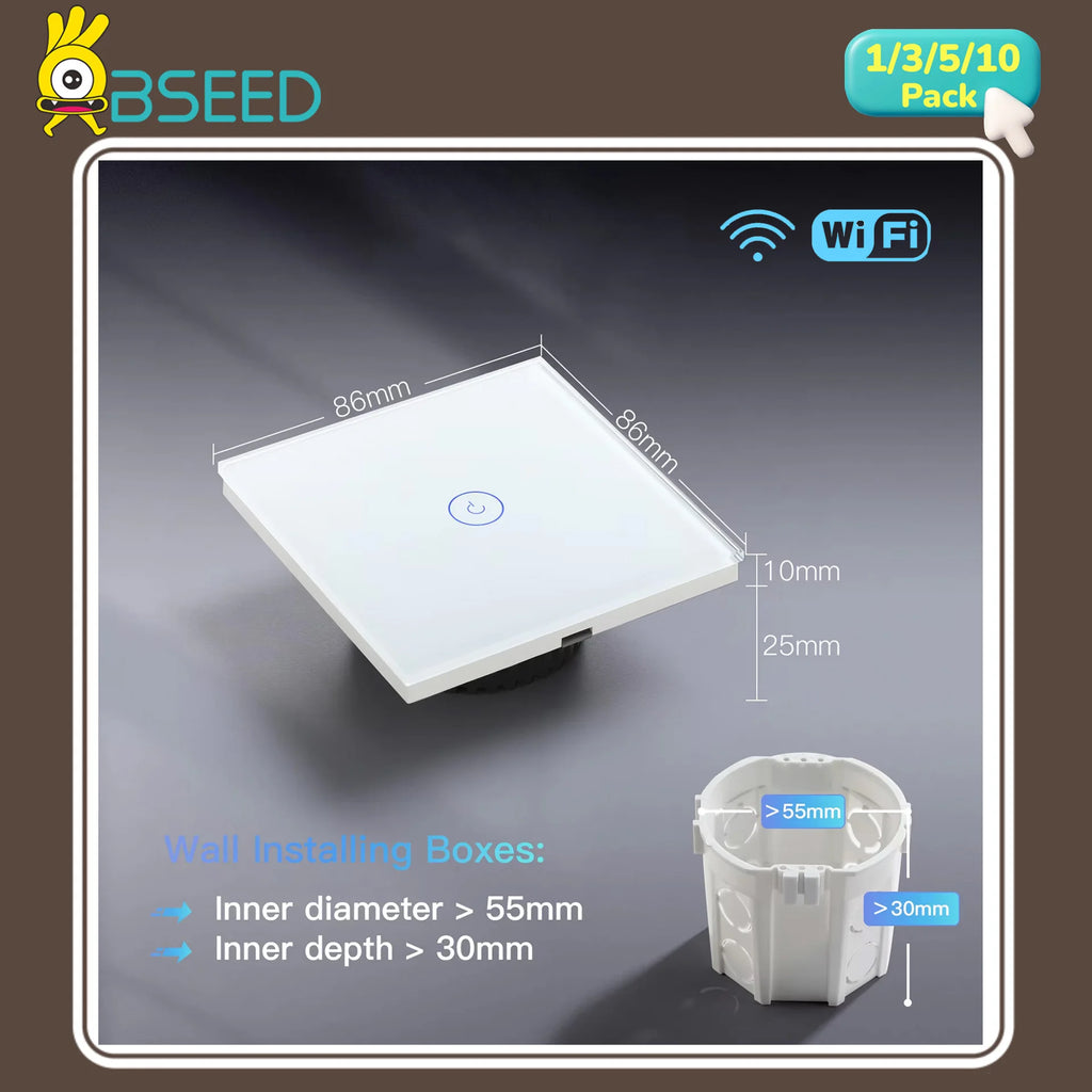 BSEED WIFI Touch Switches 1/2/3/4Gang Smart Light Switches Wall Stair Switches Tuya Control Smart Life APP Multi-Control Neutral