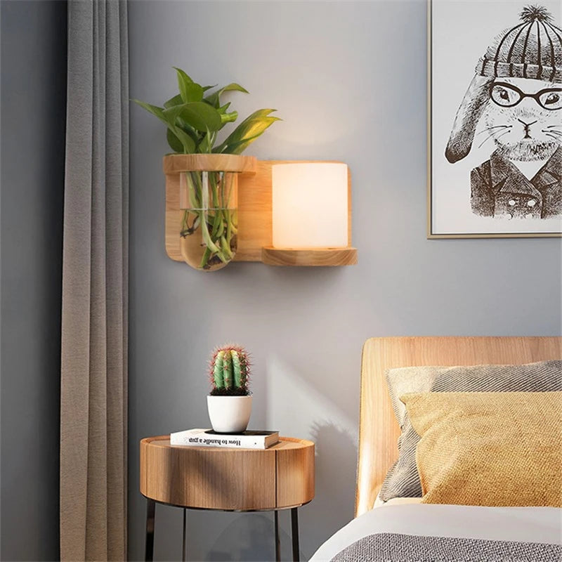 Modern Wooden Lamp Led Wall Lamps Nordic Personality Creative Green Plant Pot Home Decor Living Room Aisle Loft Light Fixtures
