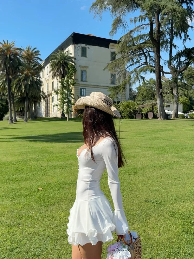Chic Ruffle Hem Women's Dress V-Neck Long Sleeve Waist-Closed Buttons Solid Lady Mini Dresses 2026 Summer Fashion Female Robe