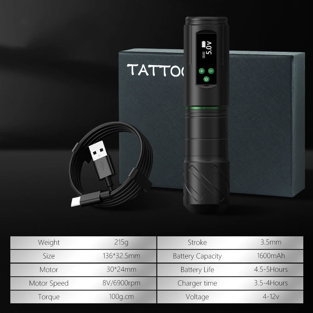 Kiss of Dragon Professional Wireless Tattoo Machine Pen 3.5mm Stroke OLED Display 1600mAh Battery For Tattoo Artists Beginners