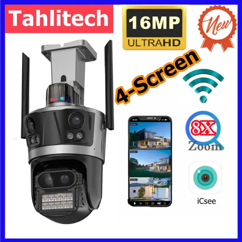 WiFi Surveillance Camera Four Lens Four Screen 8K 16MP IP Camera 8X Optical Zoom Auto Tracking CCTV Alexa ICsee New Security Cam