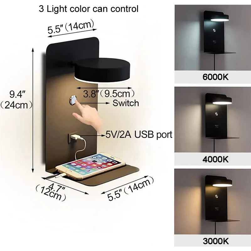 Modern LED Wall Lamp With Switch USB Charging Port 9W Black White Aisle Wall Lights Bedroom Bedside Wall Sconce Decoration Lamps