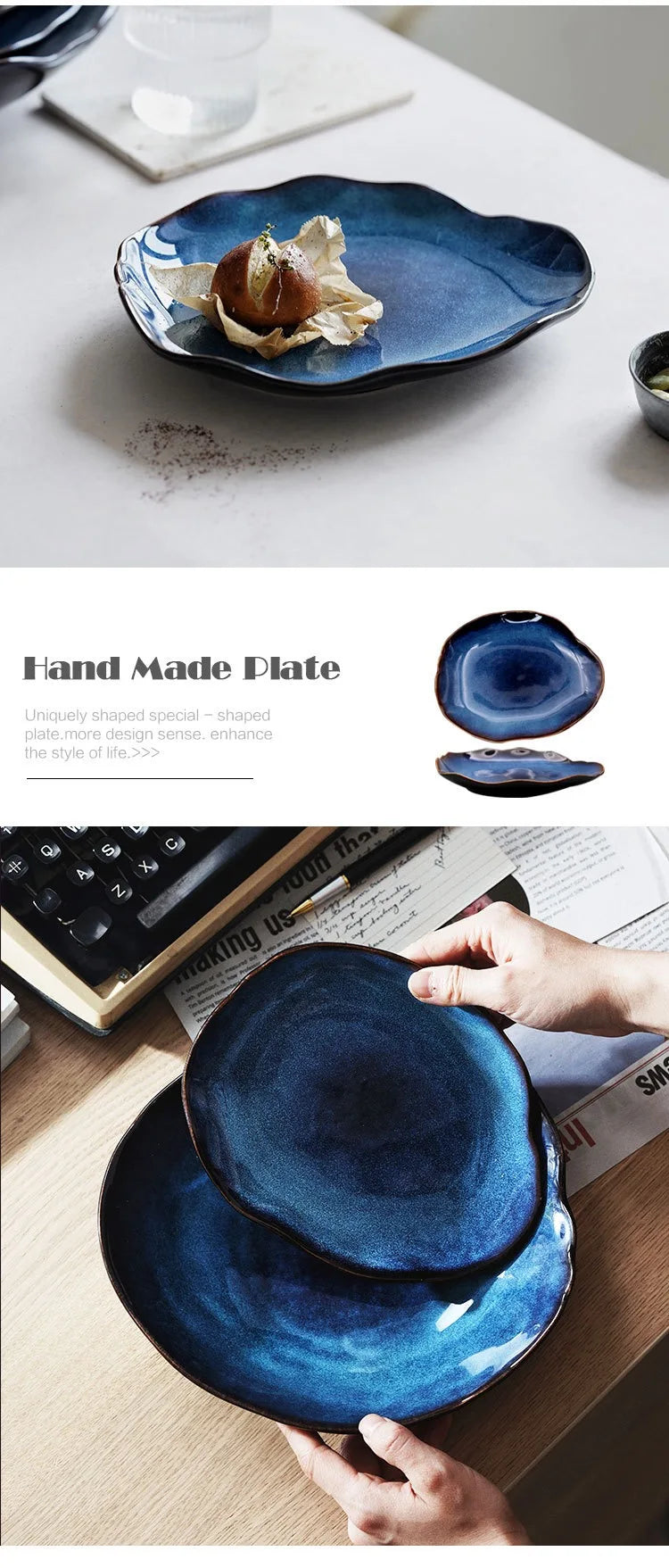 Nordic Style Blue Kiln Turned Ceramic Food Plate Steak Pasta Western Cuisine Plate Kitchen Utensils Dining Table Decoration