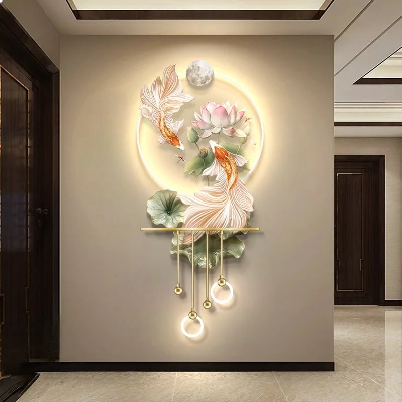 Modern Light Luxury Entrance LED Decorative Painting Koi Carp Home Decoration Living Room Bedroom Sofa Wall Corridor Mural Light