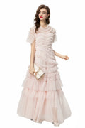 Eshin Elegant Midi Dress Short Sleeve Summer Spring New Fashion Design Women Runway Mesh Ruffles V-Neck Party High Street TH6731