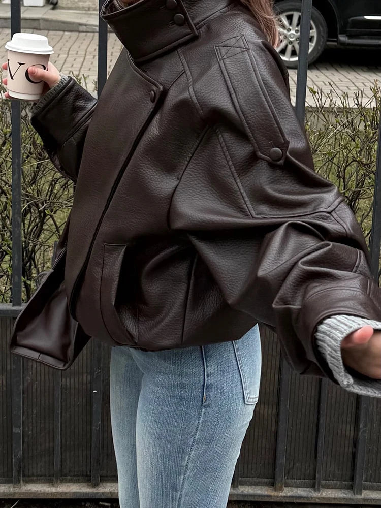 Fashion Black Faux Leather Short Jackets Women Retro High Neck Long Sleeve Oversized Coats Lady Autumn Winter Classic Streetwear