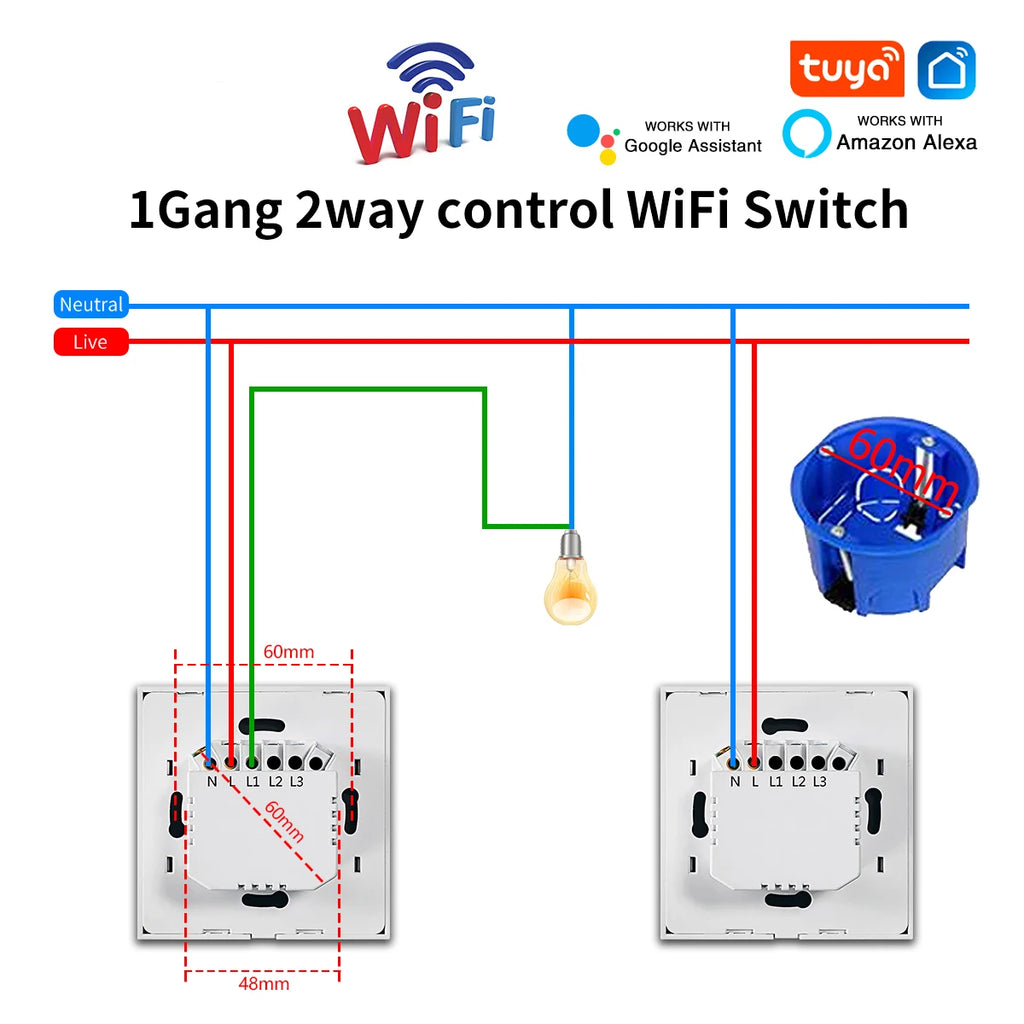 Wifi Smart  2way Switch 1gang 2gang 3gang Two Way Wall Touch Switch Voice and Smart Life TUYA APP Control For Stairs Corridors