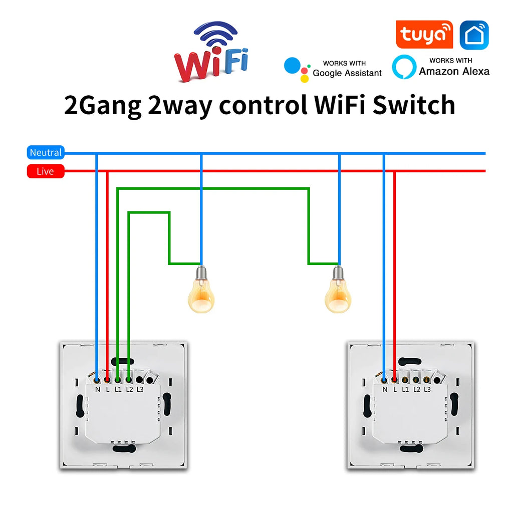 Wifi Smart  2way Switch 1gang 2gang 3gang Two Way Wall Touch Switch Voice and Smart Life TUYA APP Control For Stairs Corridors