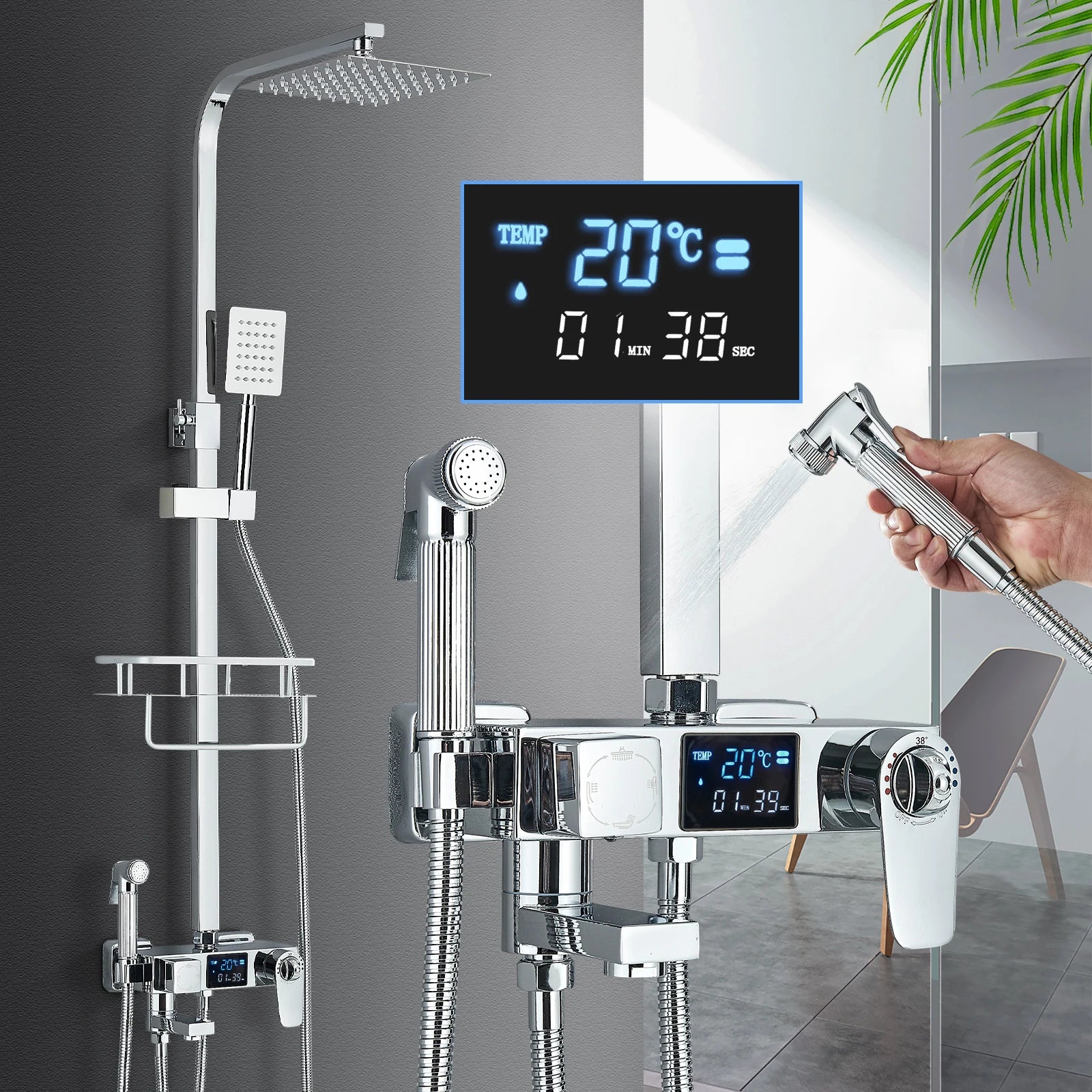 Chrome/Black Thermostat Shower Set Faucet 4 Ways Bathroom Faucet Rainfall Mixer Tap Digital Display Shower Set System Bathroom