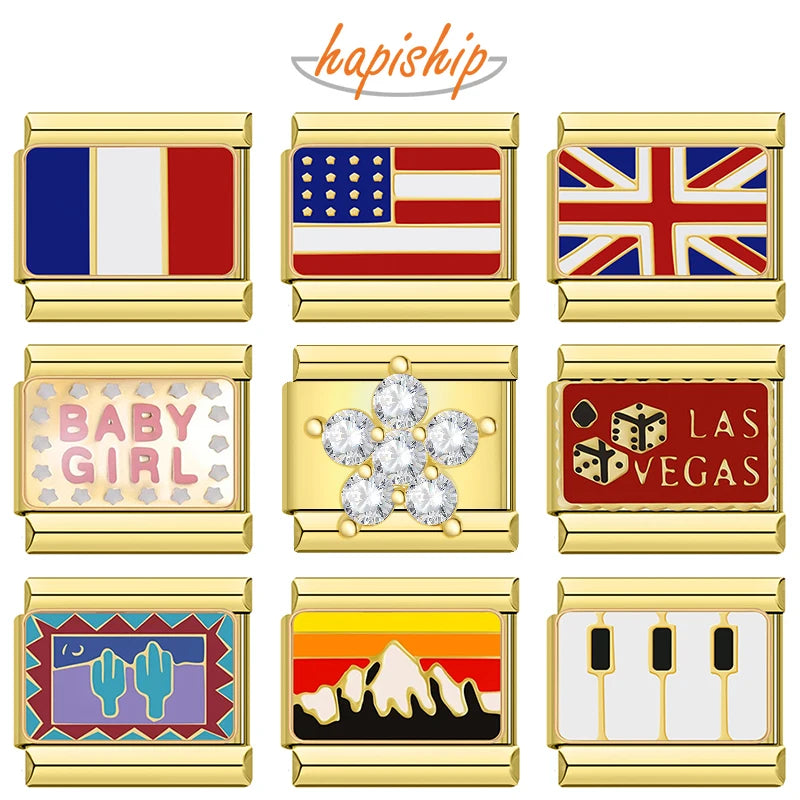 Hapiship Fashion National Flag Flower Baby Girls Italian Charms Fit 9mm Bracelet Stainless Steel Jewelry DIY Making DJ601