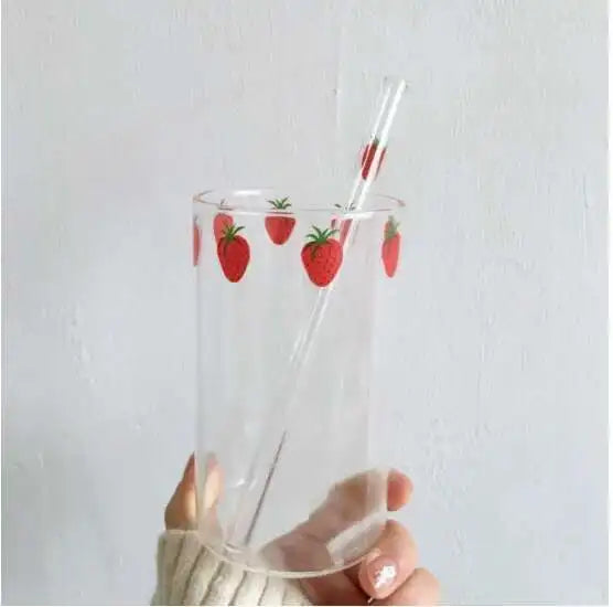 300ml 10oz High borosilicate Nana Cute Strawberry Water Milk Drinking Glasses Cup With Straw