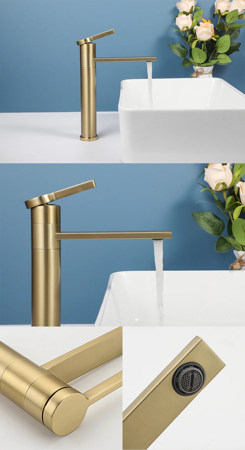 Fliger Tall Basin Faucet Brushed Gold Bathroom Sink Faucet Countertop Sink Faucet Hot Cold Bathroom Faucet 360° Rotating Mixer