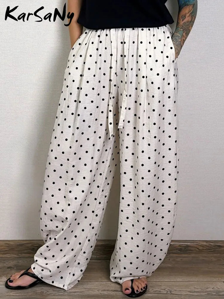 Polka Dot Cotton Linen Pants White Women Wide Leg Summer Spring Baggy Trousers For Woman High  Waist Linen Loose Pants Women