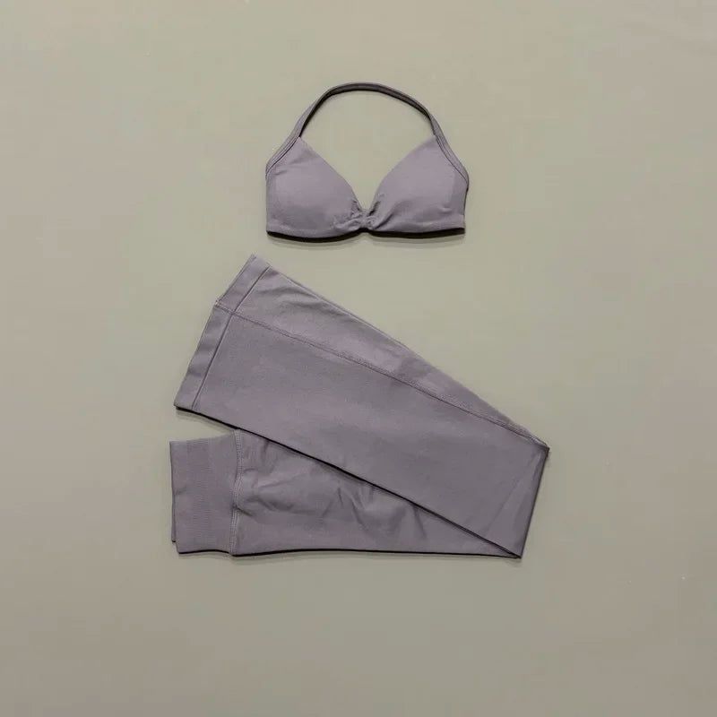 Sexy Women Flare Leggings Set Seamless Hip Lifting Fitness Flared Pants Suit Open Back Gym Strappy Bra Yoga Flares Legging Sets