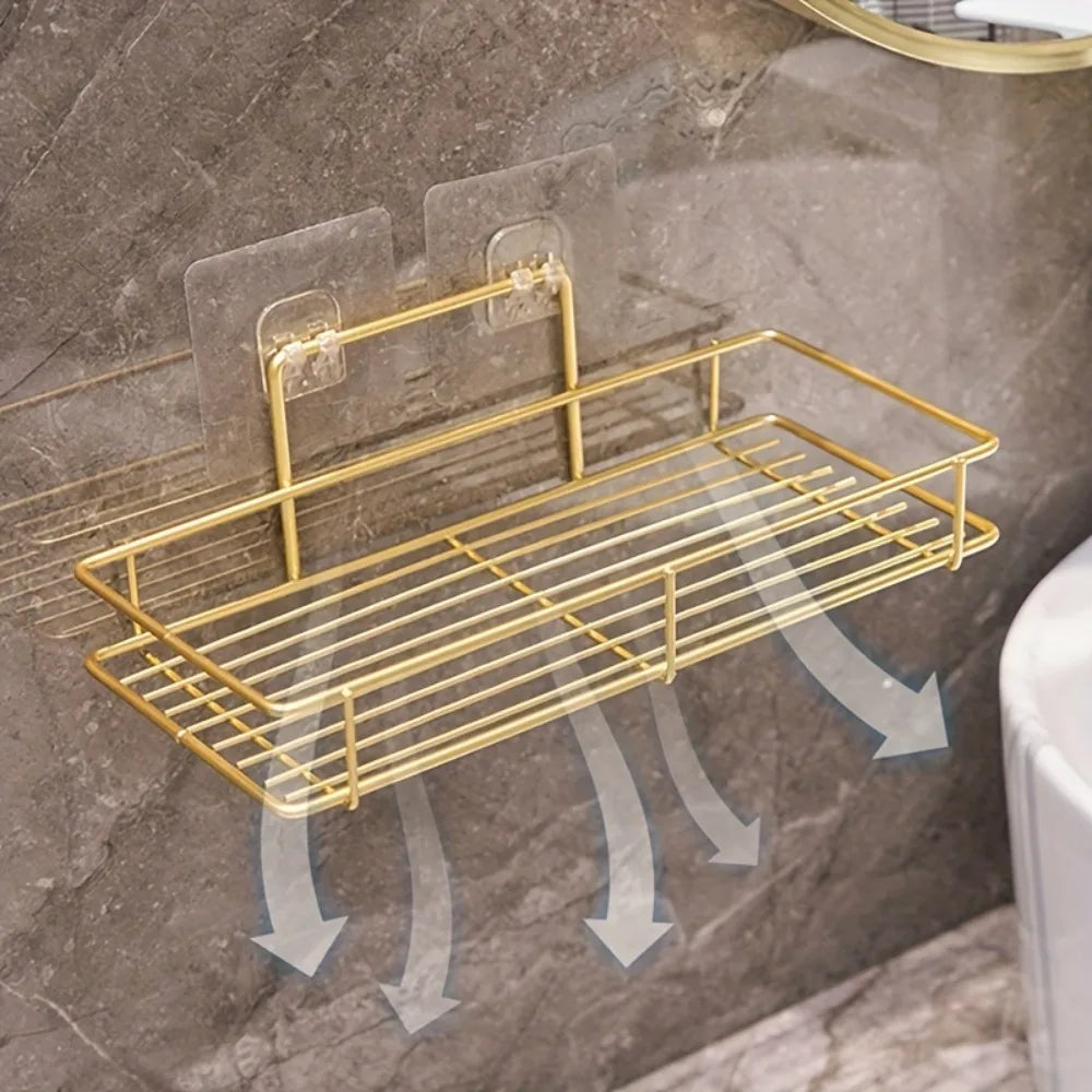 Wall Mounted Shelf No Drill Bathroom Storage Organizer Hanging Rack for Home Kitchen Metal Frame Shelves Bathroom Accessories