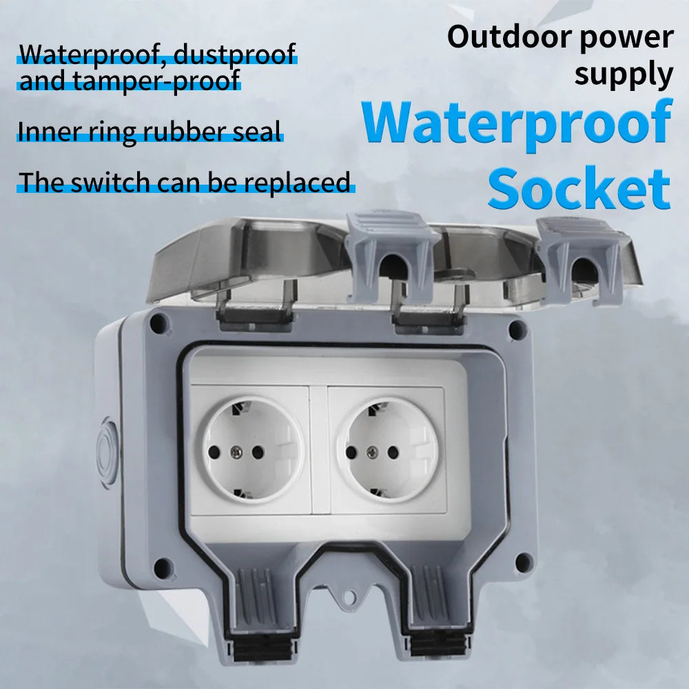 Double EU Socket Power Supply Switch Socket 16A Outdoor Wall Power Socket With  Charging for Home& Garden IP66 Weatherproof
